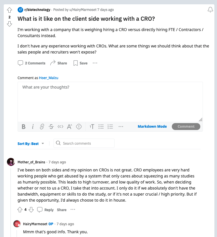 a discussion about CROs on Reddit